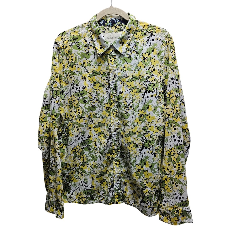 Liz Claiborne Womens XL Yellow Green Floral 100% Cotton